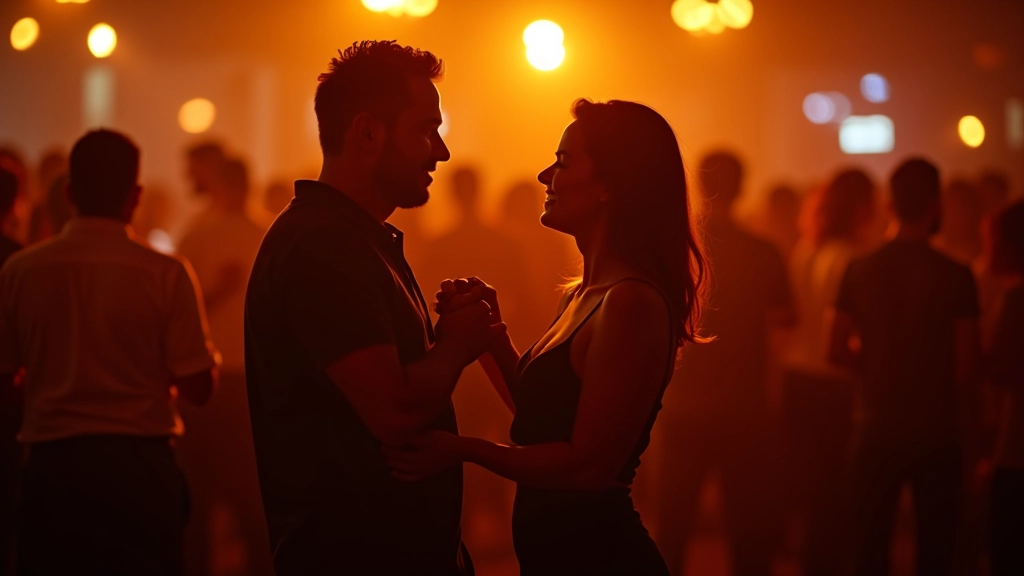 Couples dancing bachata and salsa at a vibrant social event in Portugal with warm ambient lighting