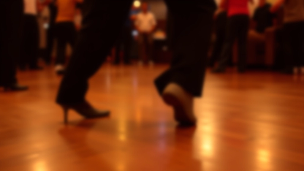 Close-up of feet showing the basic bachata step position on a dance floor with clear floor markings
