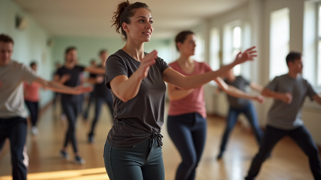 Dance instructor demonstrating a bachata move to a class of mature adult beginners in a bright studio