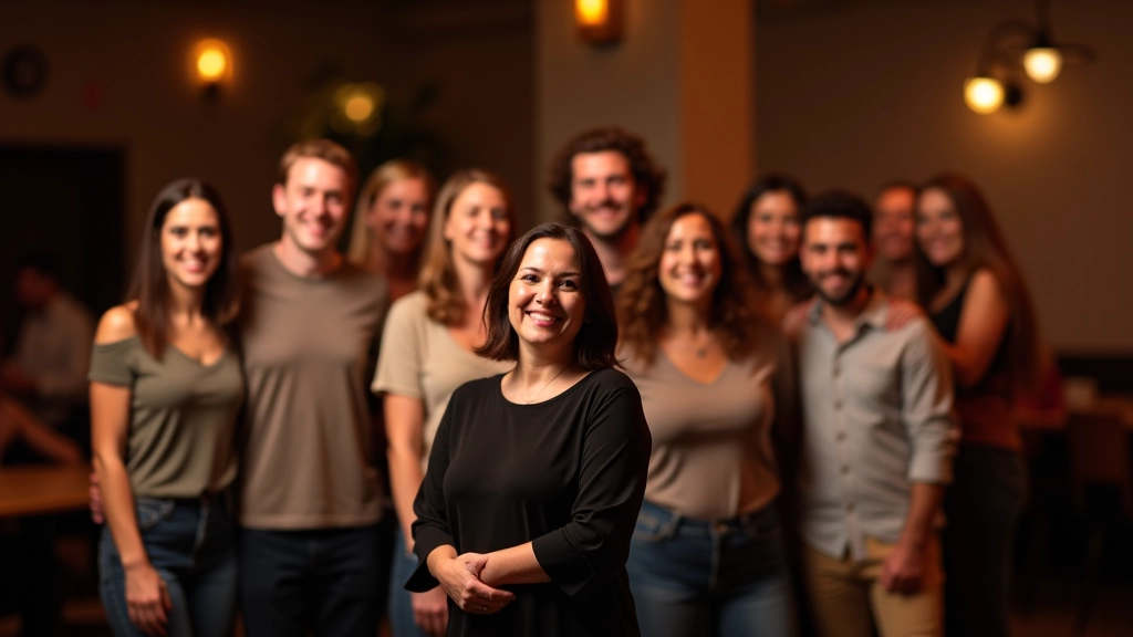 Welcoming group of adult dancers of various ages gathered together at a salsa event, smiling and relaxed