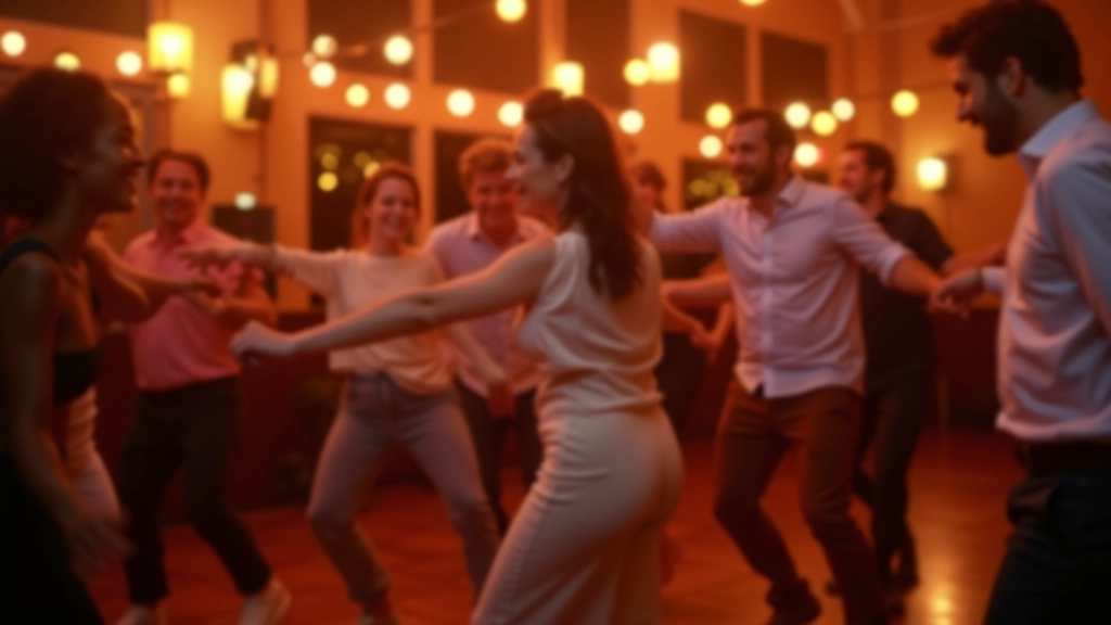 Group of adults dancing salsa together in a warm, welcoming dance studio setting