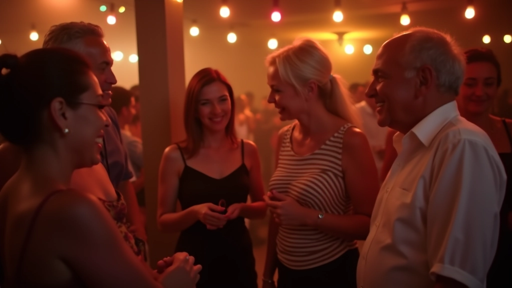 Diverse group of mature adults chatting and laughing before dance social begins, casual conversation in venue
