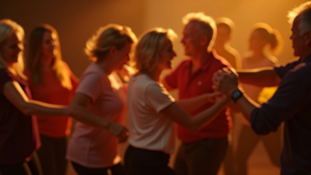 Group of mature adults enjoying a bachata social dance night with smiles and relaxed postures