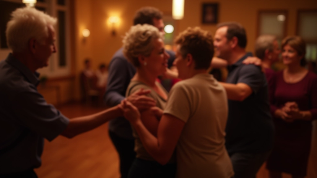 Group of adults aged 50-65 dancing bachata together in casual social setting, focused on body positioning and connection