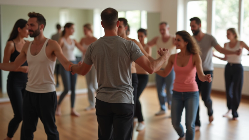 Group of beginner dancers in a Porto dance studio practicing basic step patterns together