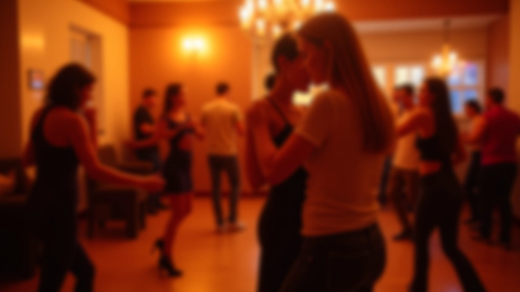 Interior of a dance studio or social venue with people dancing bachata, showing the warm atmosphere and community feel