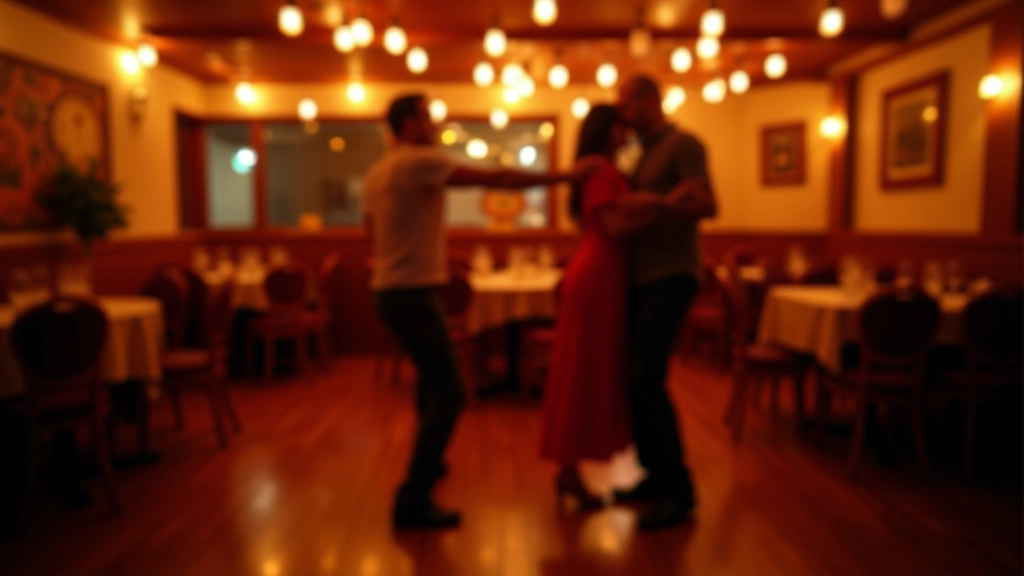 Intimate dance venue in Cascais with warm amber lighting and wooden dance floor, adults dancing together