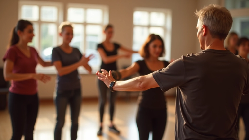 Instructor teaching salsa basics to adult students in a dance studio