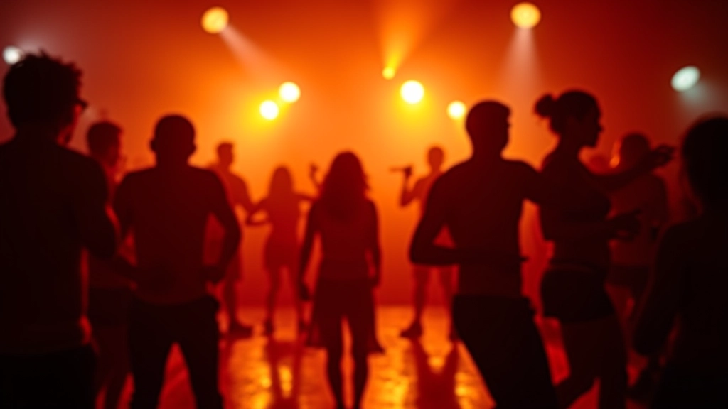 Lively dance club interior in Lisboa with energetic crowd, warm lighting, live band setup visible