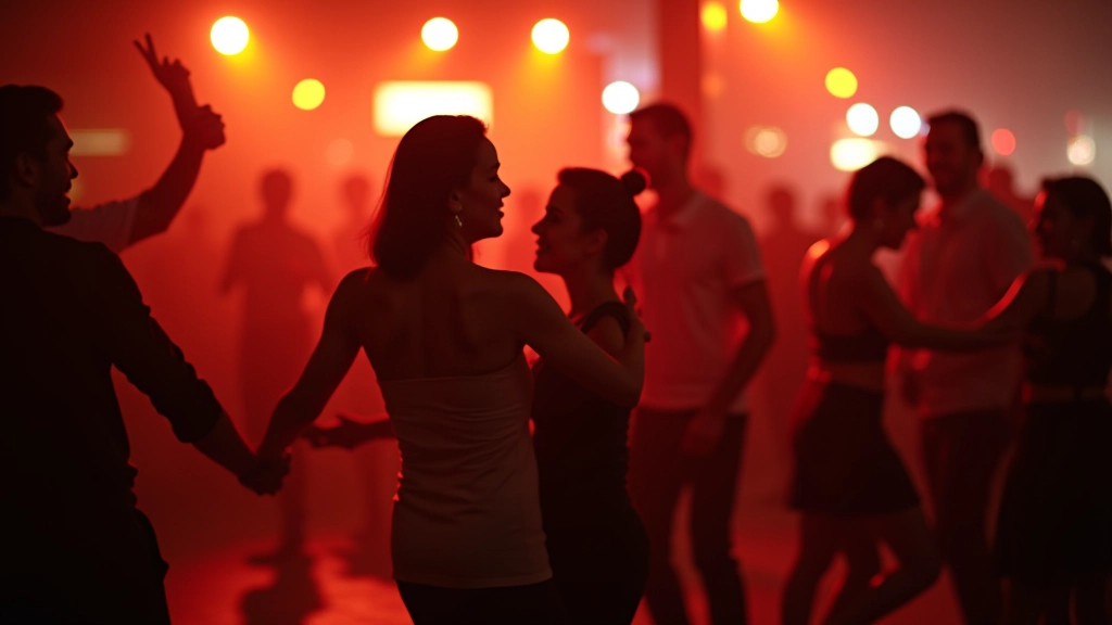 Vibrant salsa night at a Lisboa dance venue with couples enjoying music and movement in evening lighting