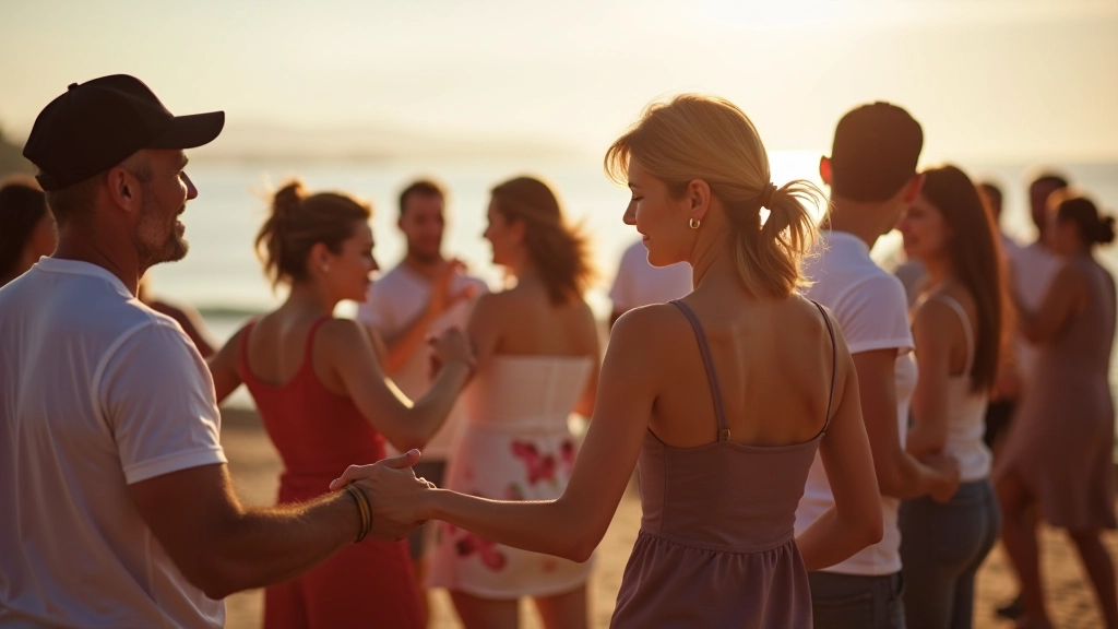 Group of people dancing together at a weekend social event by the coast