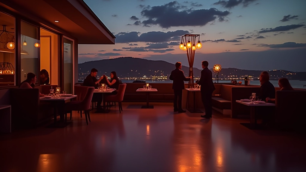 Modern rooftop venue in Lisboa with city skyline views, evening lighting, elegant dance floor setup
