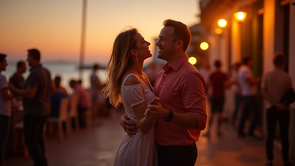 Couples dancing outdoors at a weekend social event in Cascais with coastal Portuguese setting and relaxed atmosphere