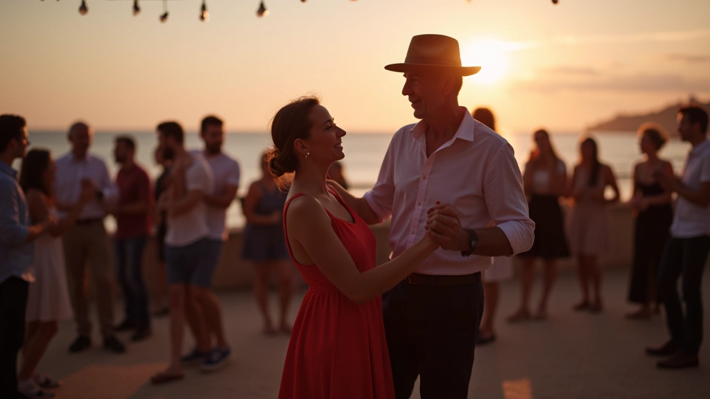 Outdoor summer beach social in Cascais with couples dancing on promenade, ocean backdrop at dusk