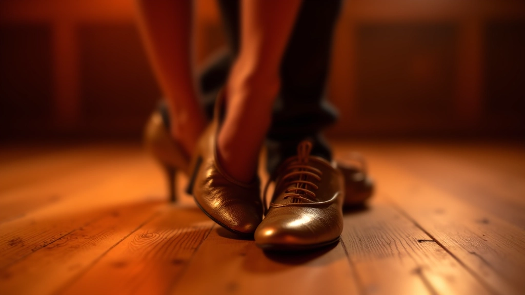 Pair of dance shoes on a wooden dance floor with soft studio lighting