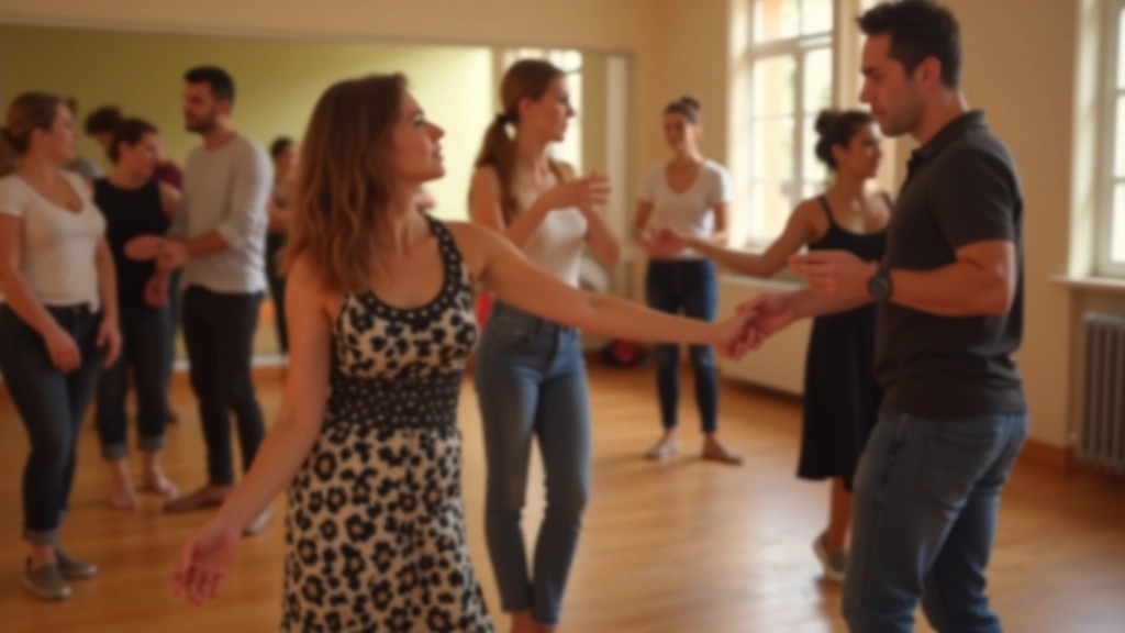 Instructor demonstrating dance technique to mature adults in a Latin dance class
